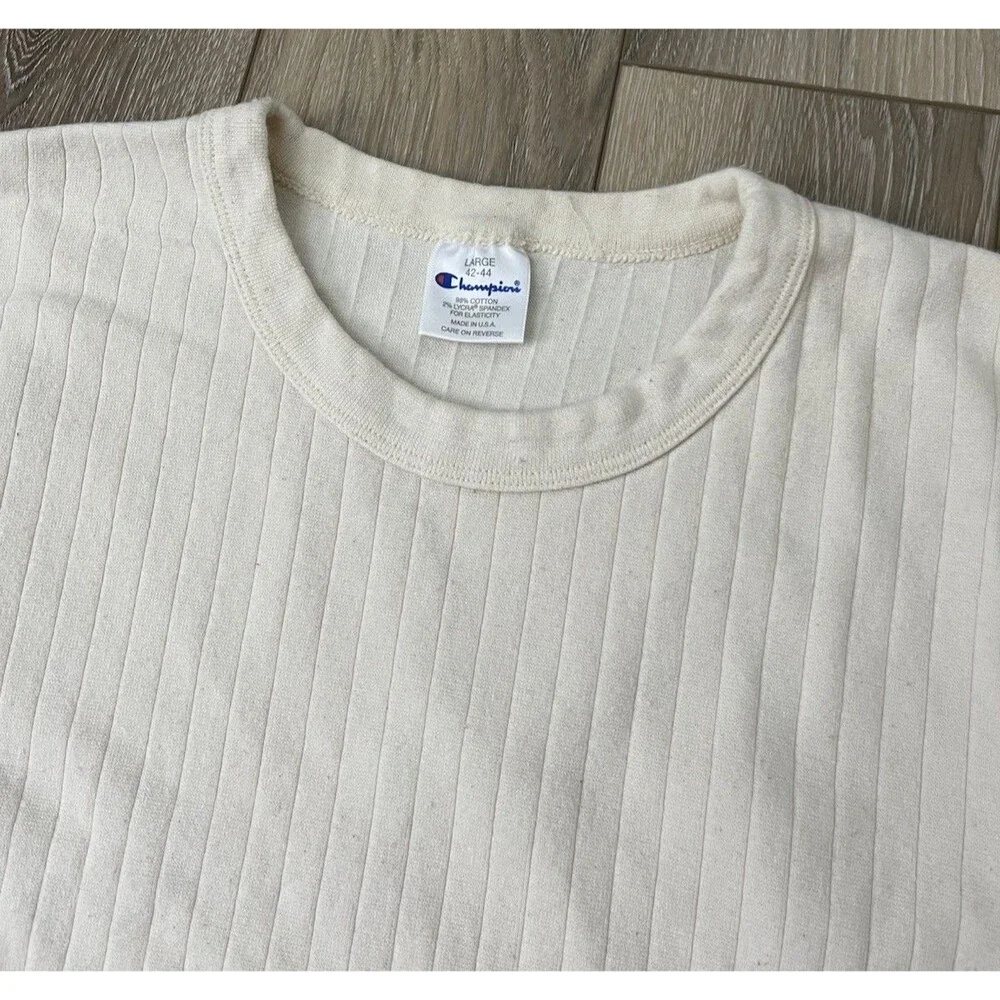 Vintage Champion Long Sleeve Pullover Shirt Mens Sz L Cream Ribbed Cotton Blend - Picture 3 of 8